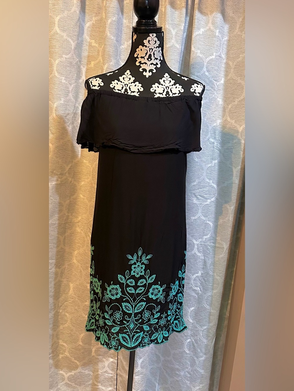 Wrangler Black off shoulder dress with Teal Floral embellishment size S